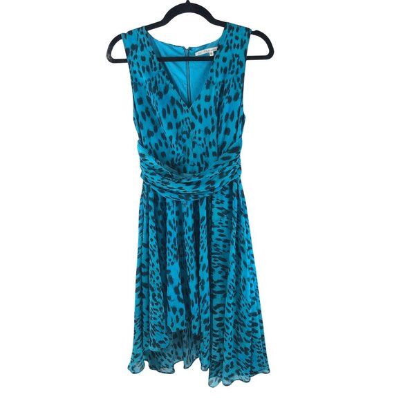 Rachel Roy Dress A Line Sleeveless V Neck Asymmetric Leopard Print Blue 0 - Picture 1 of 5